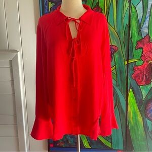 $20 SALE Vibrant Red Tie-Front Blouse LOFT Bell Sleeve Party Layering Business